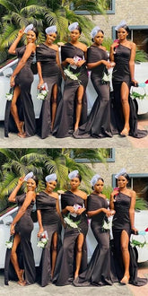One Shoulder Beach Black Satin Bridesmaid Dresses with Slit